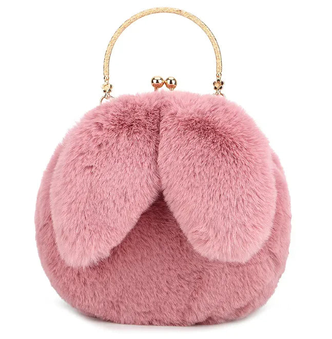 Plush Chain Ear Handbag for Kids – Cute Cartoon Faux Fur Shoulder Bag