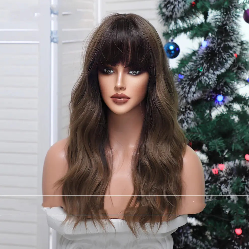 Qi Bangs Long Curly Blonde Brown Wig for Women
