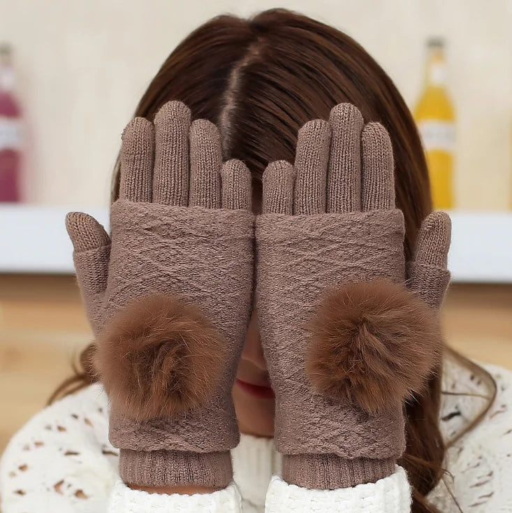 Cashmere Rabbit Fur Touchscreen Gloves for Women