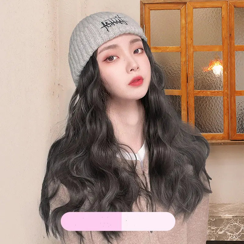 Embroidered Knitted One-Piece Hat Wig