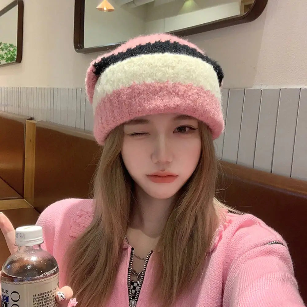 Large Head Circumference Colorblock Knitted Wool Hat