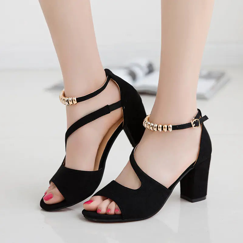 Summer New European Style Buckle Suede Heeled Sandals