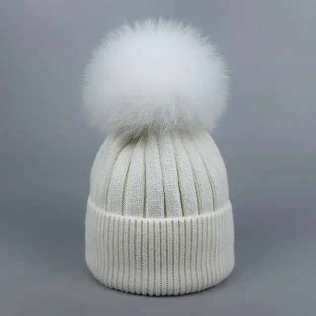 Warm Fox Fur Winter Hat with Ball for Women and Girls