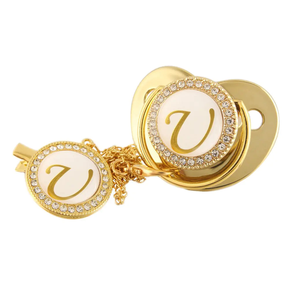 Luxury Gold Diamond Pacifier with Alphabet and Chain