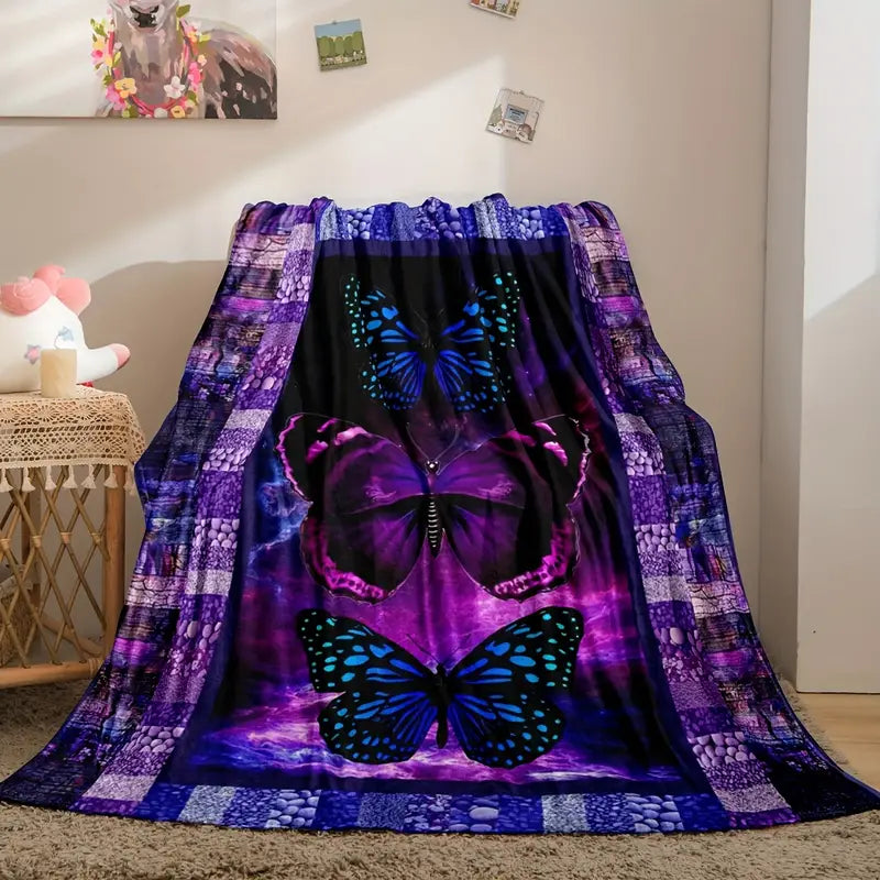 Purple Butterfly Digital Printing Flannel Blanket (1pc)