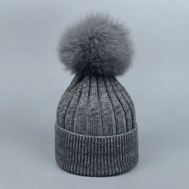 Warm Fox Fur Winter Hat with Ball for Women and Girls