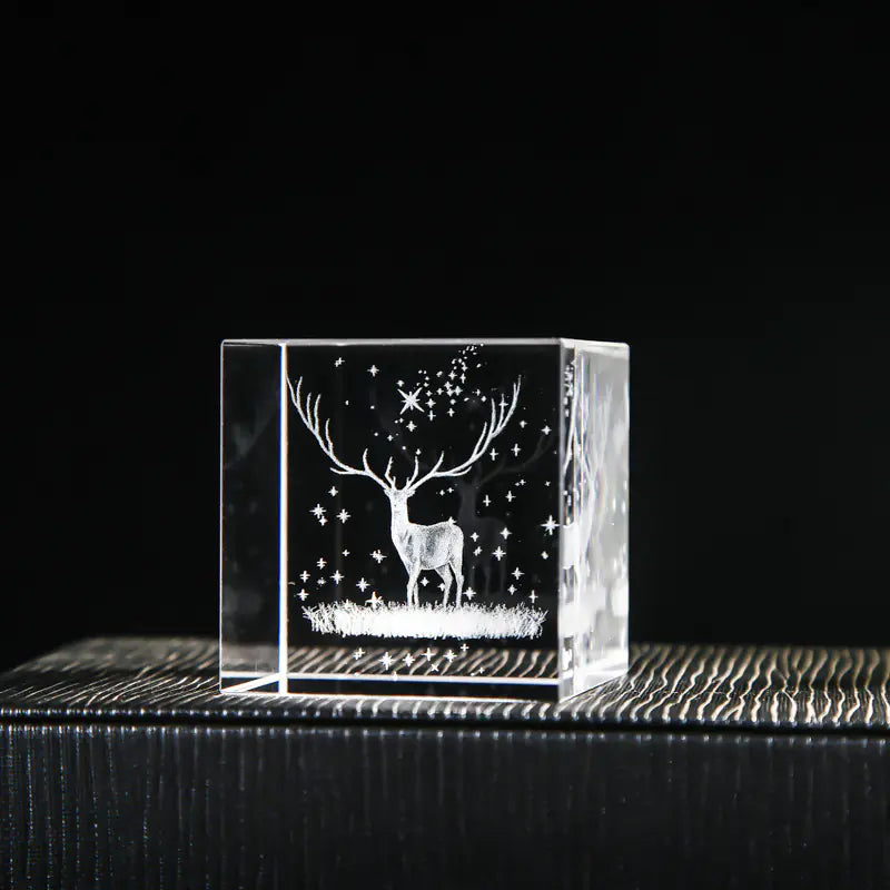 Crystal Cube with Inner Carving of Moon and Clouds