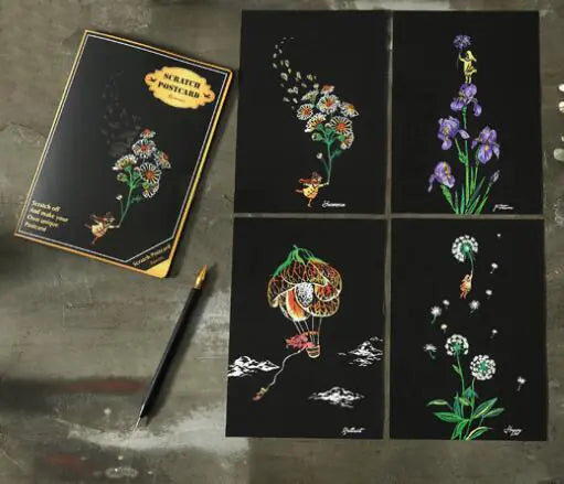 DIY Scratch Art Postcards - Floral Themes
