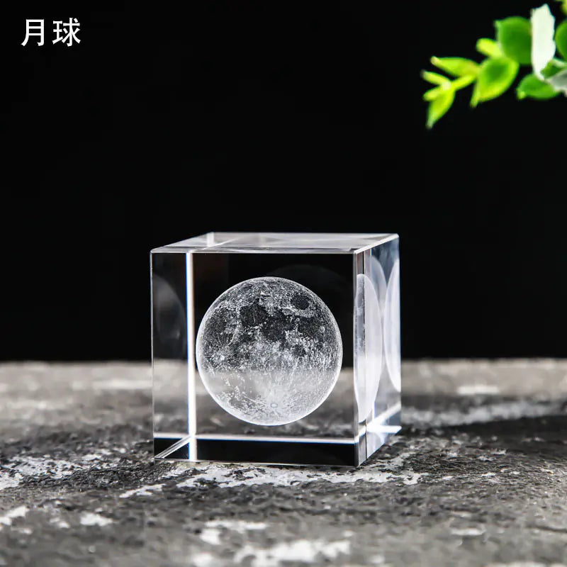 Crystal Cube with Inner Carving of Moon and Clouds
