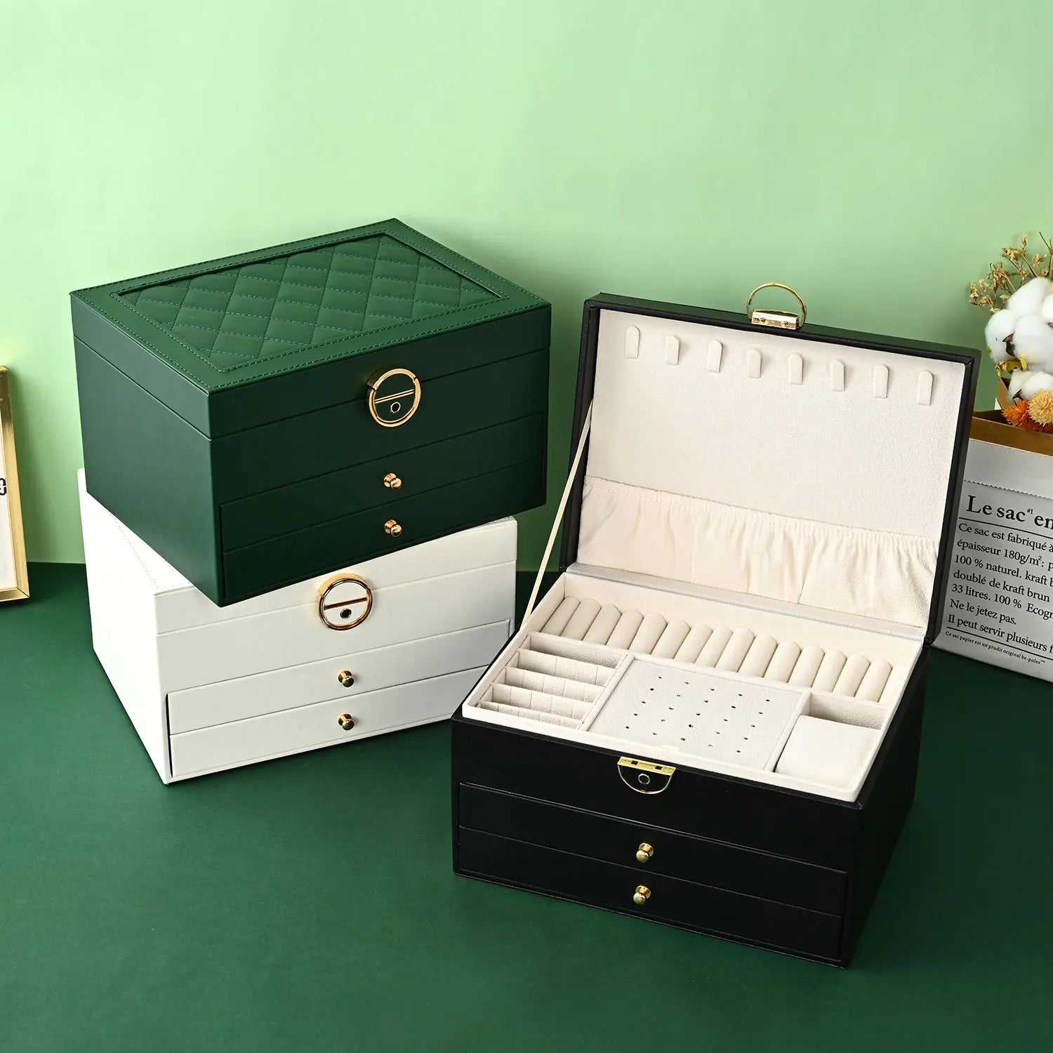 Luxury Diamond Pattern 3-Layer Jewelry Box with Lock
