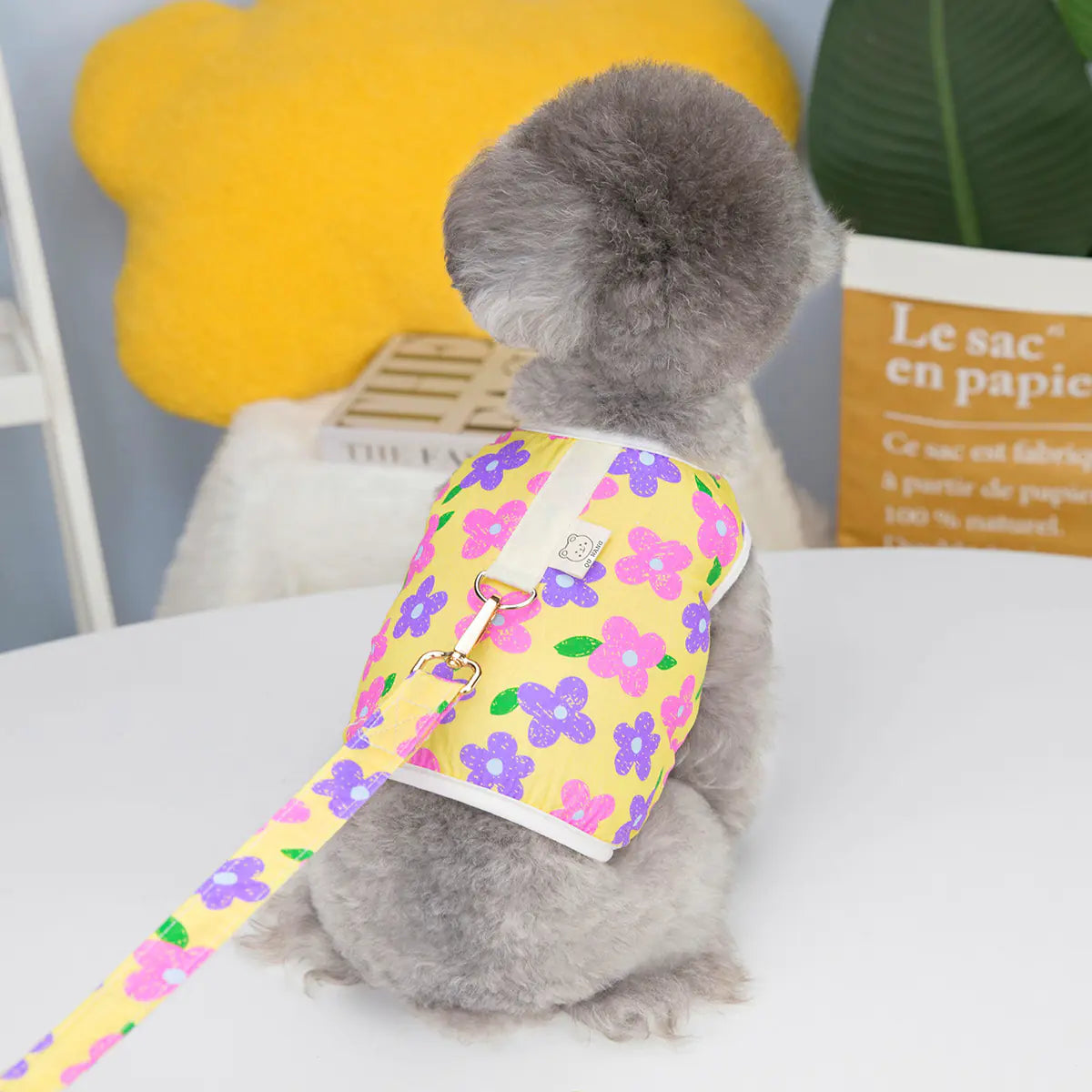 Pet Clothing with Chest Back Traction Rope and 23 Flowers