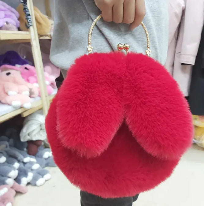 Plush Chain Ear Handbag for Kids – Cute Cartoon Faux Fur Shoulder Bag