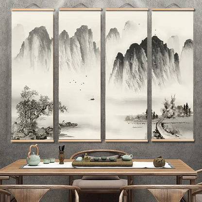 4-Piece Set Black and White Landscape Oil Paintings