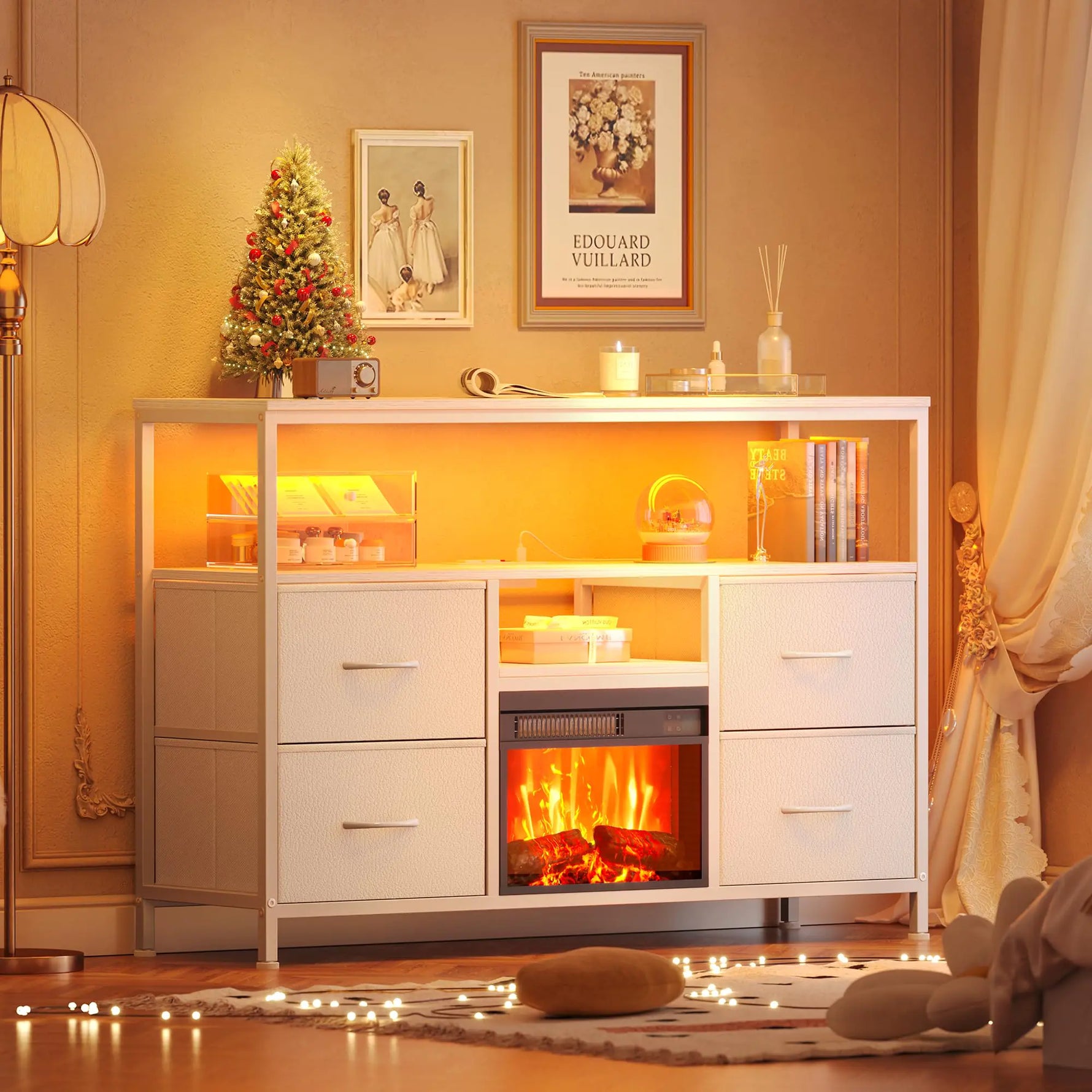 Huuger Fireplace TV Stand with Power Outlets and LED Lights TV Stand Dresser for 50 43 Inch TV 4 Drawers Fireplace Entertainment Center with Open Shelves PU Leather Surface Drawers White