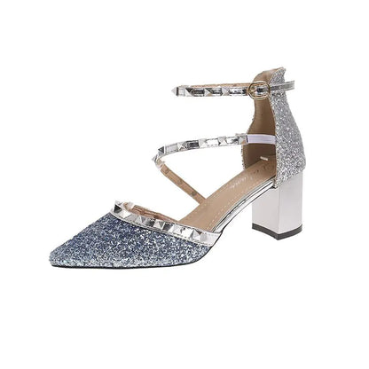 Summer Sequined Thick Heel Sexy Rivet Women's Heels