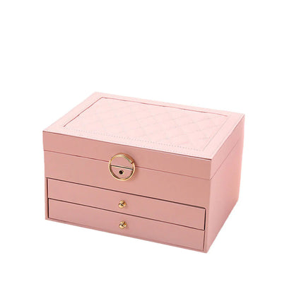 Luxury Diamond Pattern 3-Layer Jewelry Box with Lock
