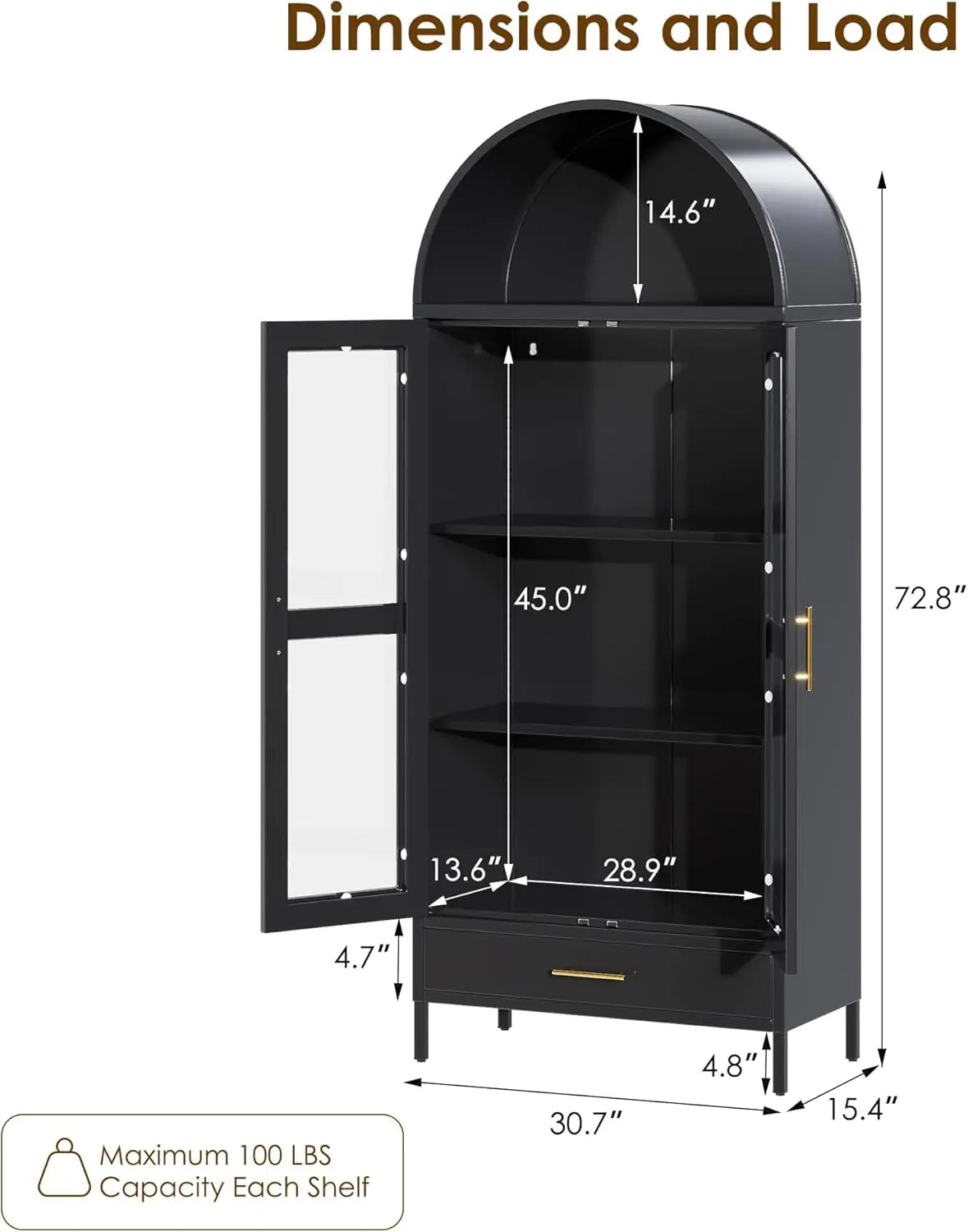 73In Tall Metal Arched Cabinet, Arched Display Pantry Cabinet With Glass Door, Modern Farmhouse Bookcase With 1 Drawer And 2 Adjustable Shelves For Living Room, Black, Assembly Required