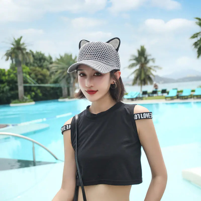 Cute Cat Ear Baseball Cap for Summer (White, Breathable)