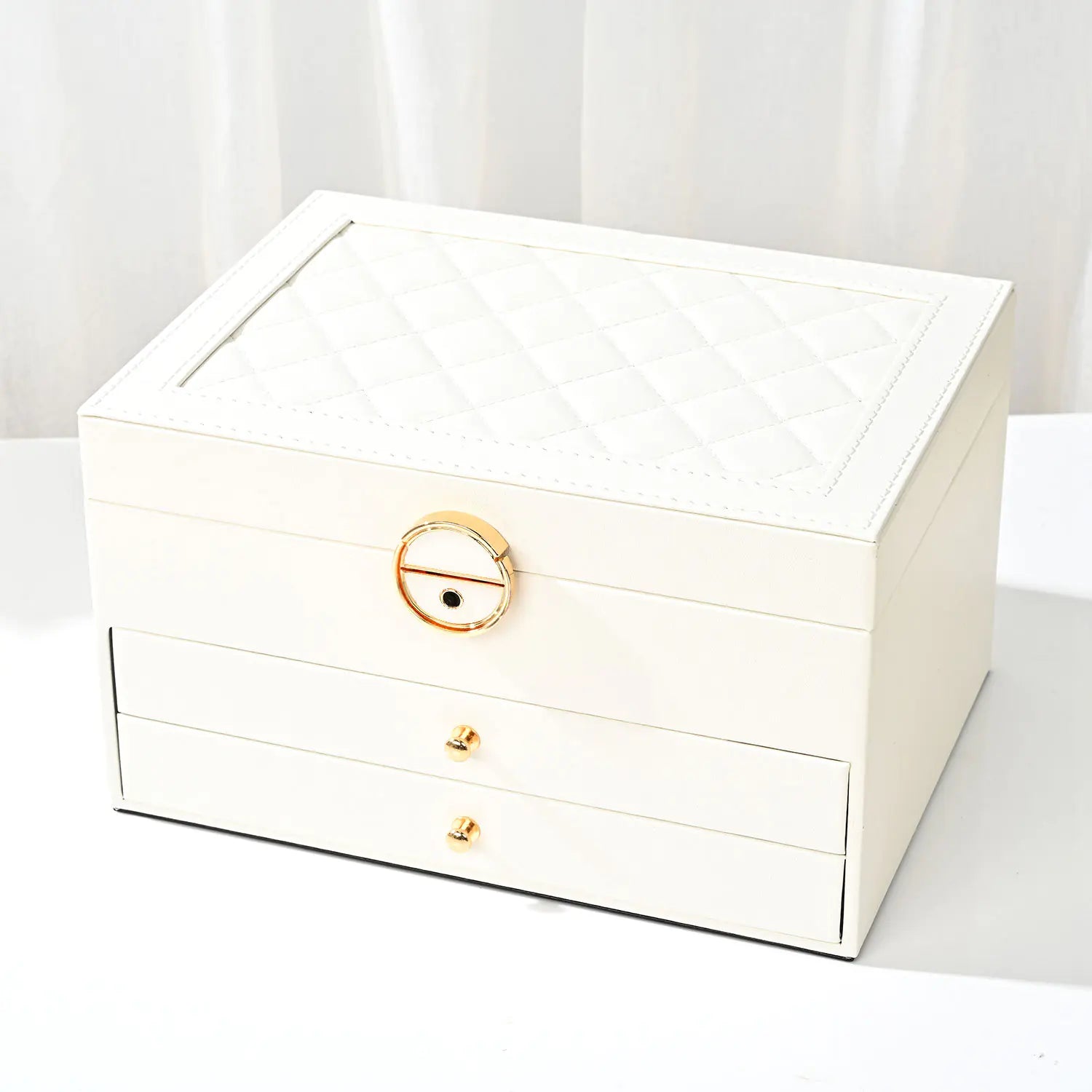 Luxury Diamond Pattern 3-Layer Jewelry Box with Lock
