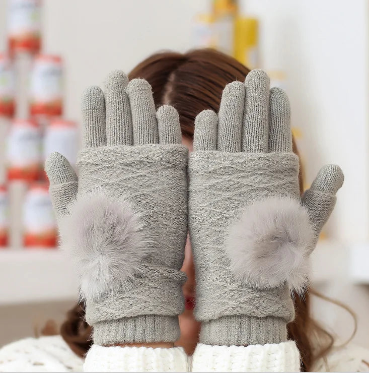 Cashmere Rabbit Fur Touchscreen Gloves for Women