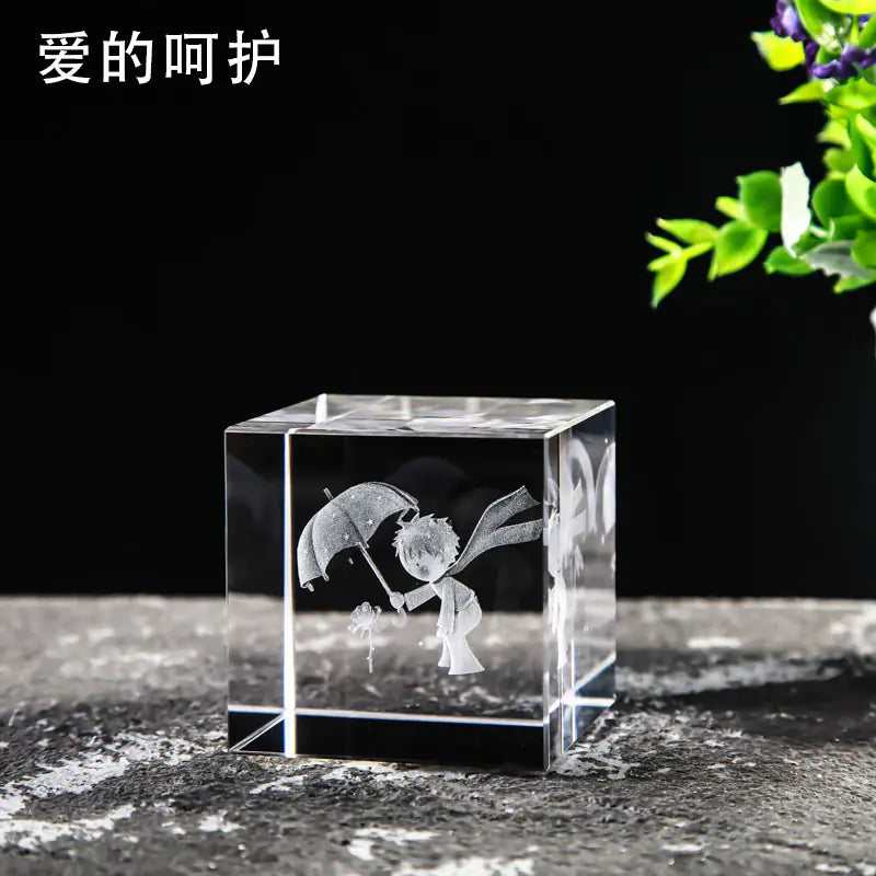 Crystal Cube with Inner Carving of Moon and Clouds