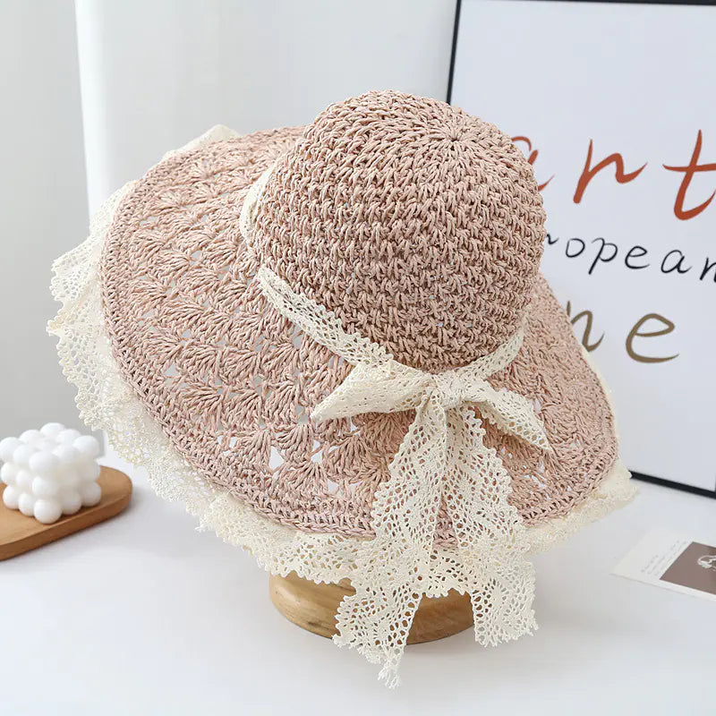 Women's Big Brim Beach Hat with Lace Strap and Bow