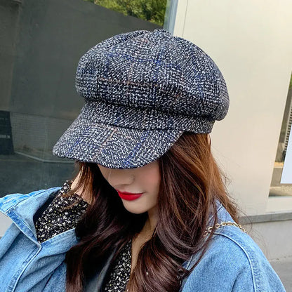 Thickened Plaid Woolen Octagonal Women's Cap