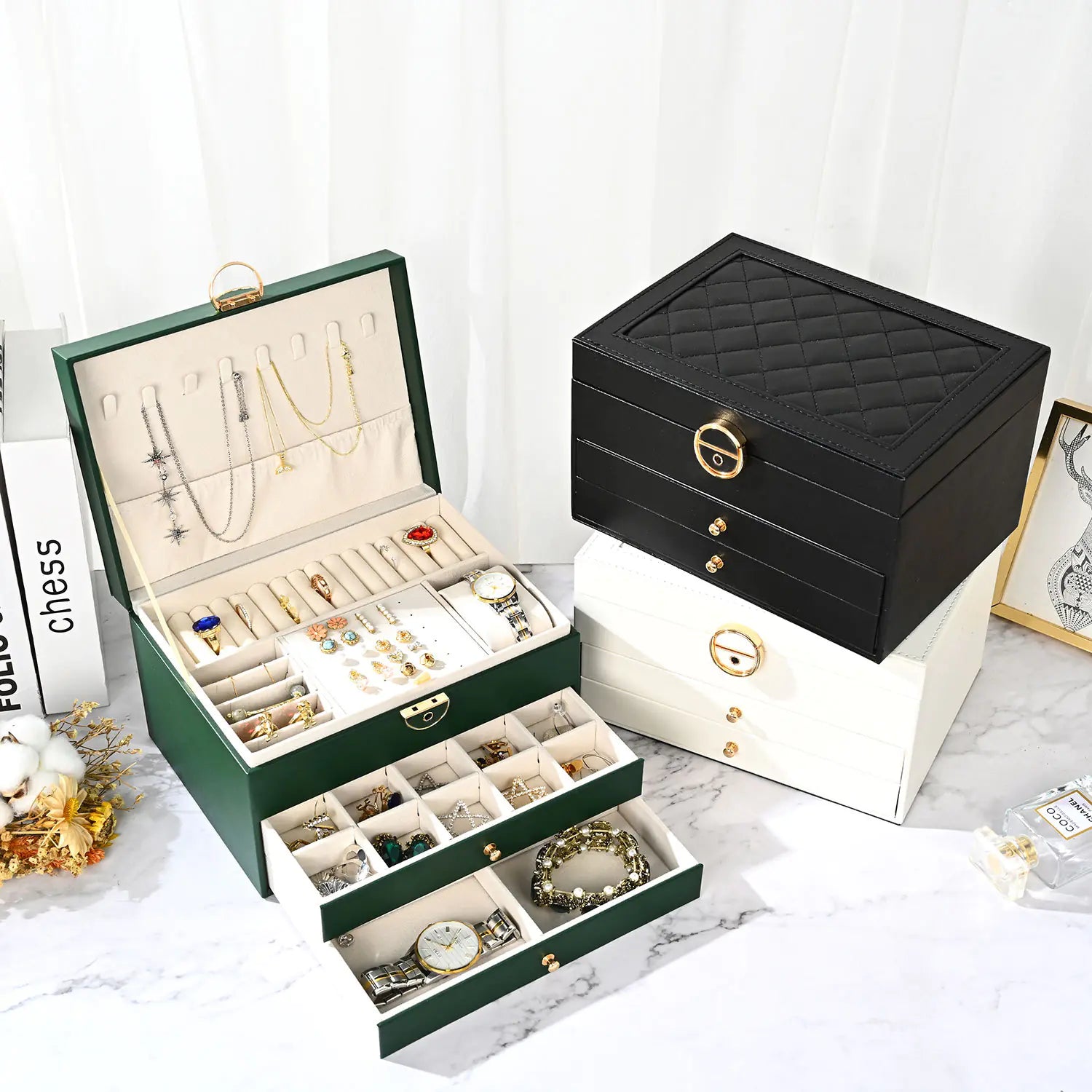 Luxury Diamond Pattern 3-Layer Jewelry Box with Lock