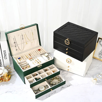 Luxury Diamond Pattern 3-Layer Jewelry Box with Lock