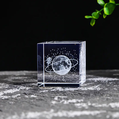 Crystal Cube with Inner Carving of Moon and Clouds