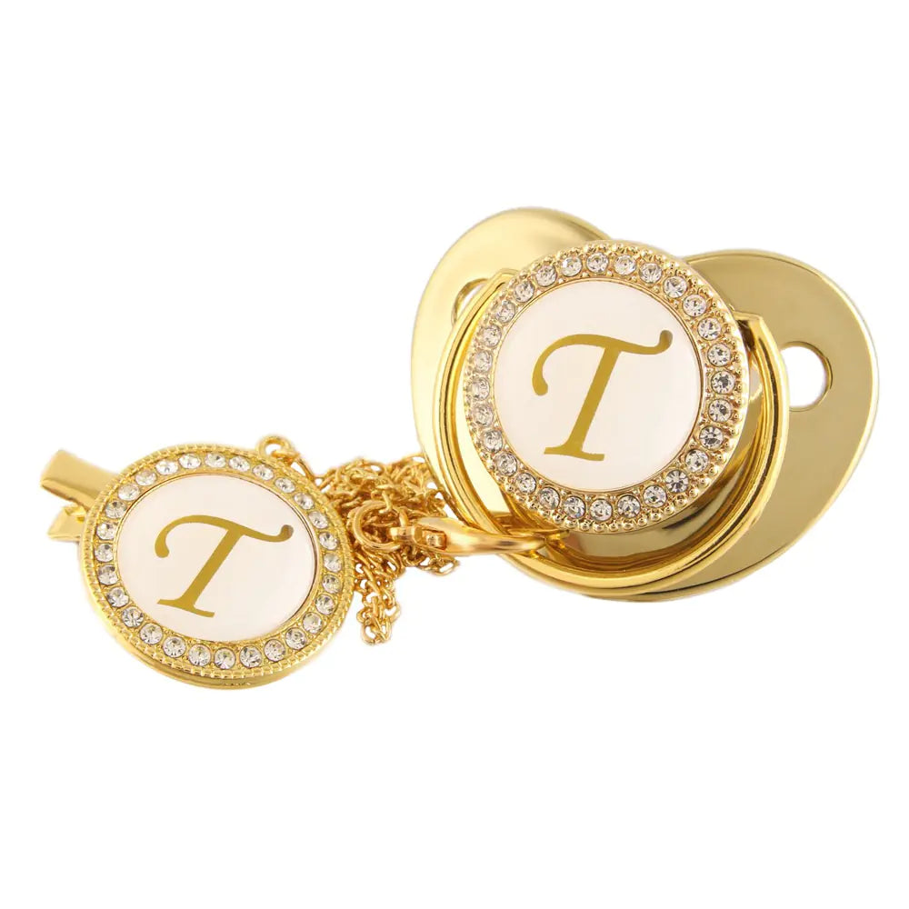 Luxury Gold Diamond Pacifier with Alphabet and Chain