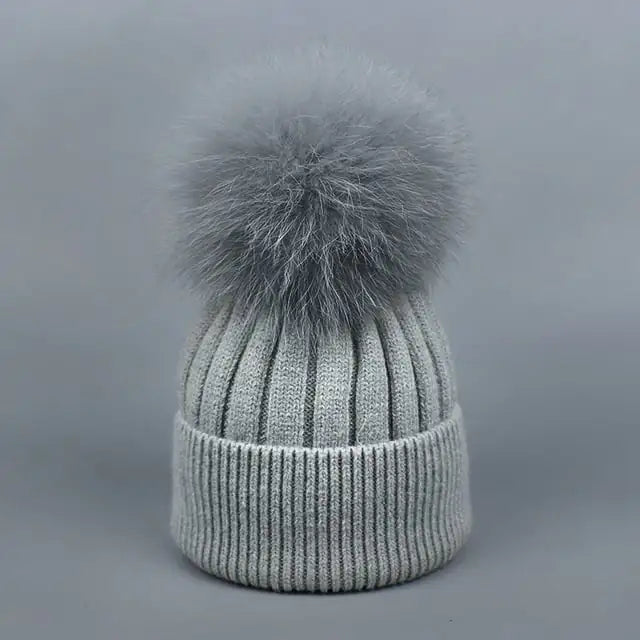 Warm Fox Fur Winter Hat with Ball for Women and Girls