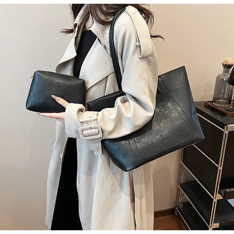 Casual Retro Textured Shoulder Tote Bag