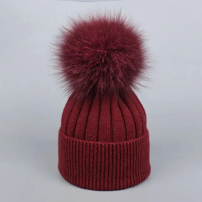 Warm Fox Fur Winter Hat with Ball for Women and Girls