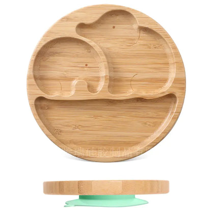 Children's Suction Bamboo Divided Plate with Spoon & Fork