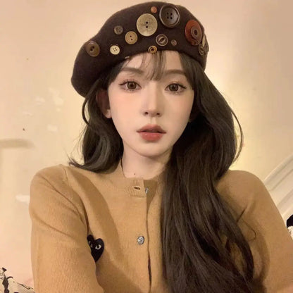 "Personalized Yupi Wool Beret with Colorful Buttons"