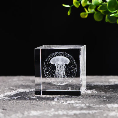 Crystal Cube with Inner Carving of Moon and Clouds