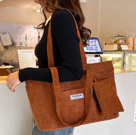 Corduroy Shoulder Bag with Mini Purse