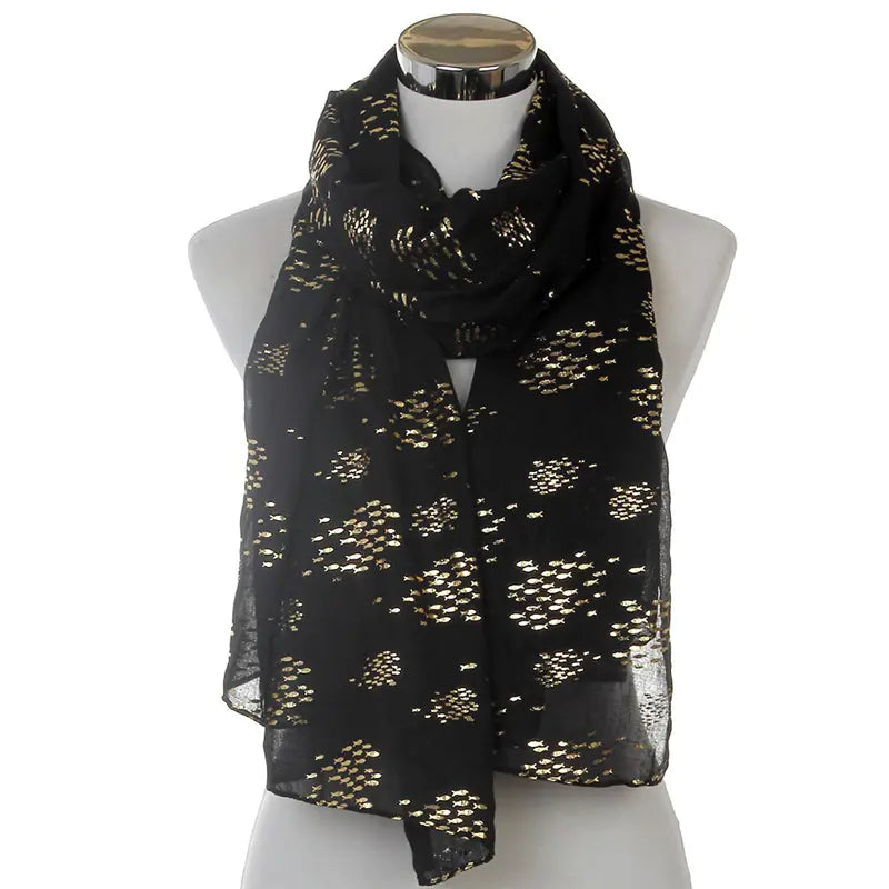 Metallic Fish Scarf for Women - Gold Foil Design