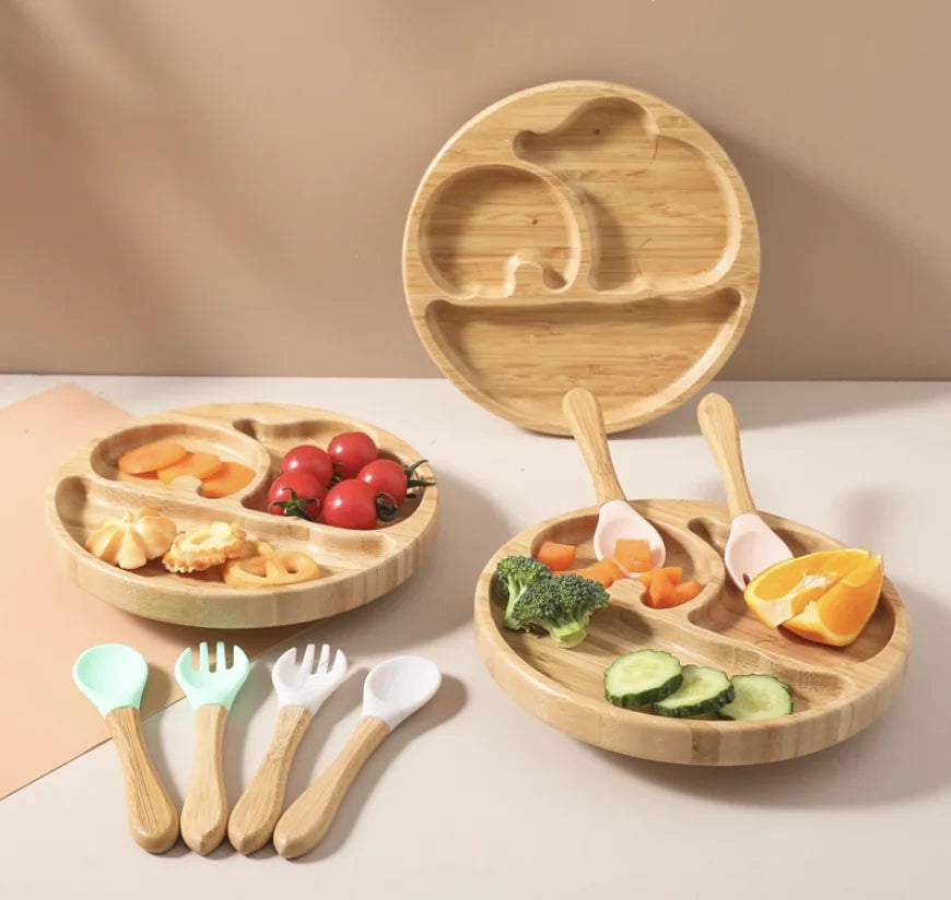 Children's Suction Bamboo Divided Plate with Spoon & Fork