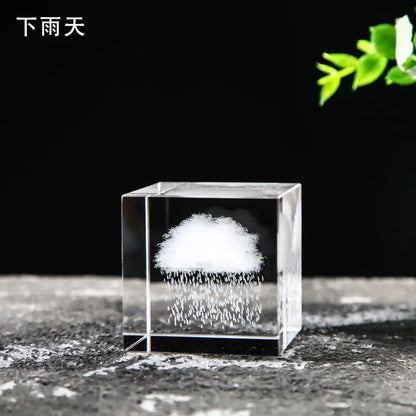 Crystal Cube with Inner Carving of Moon and Clouds