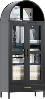 73In Tall Metal Arched Cabinet, Arched Display Pantry Cabinet With Glass Door, Modern Farmhouse Bookcase With 1 Drawer And 2 Adjustable Shelves For Living Room, Black, Assembly Required