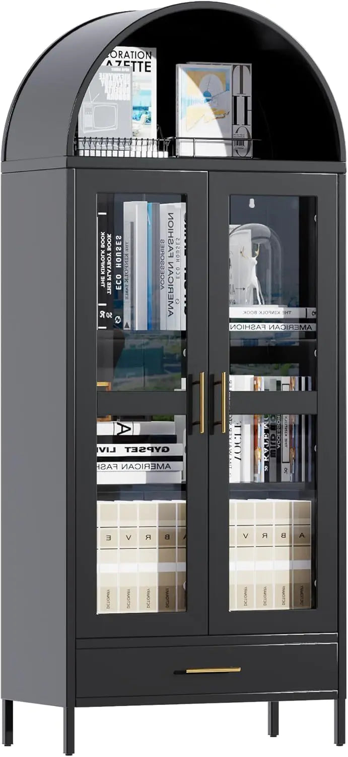 73In Tall Metal Arched Cabinet, Arched Display Pantry Cabinet With Glass Door, Modern Farmhouse Bookcase With 1 Drawer And 2 Adjustable Shelves For Living Room, Black, Assembly Required
