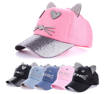 Spring Summer Denim Baseball Cap with Cat Ears
