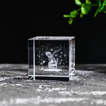 Crystal Cube with Inner Carving of Moon and Clouds
