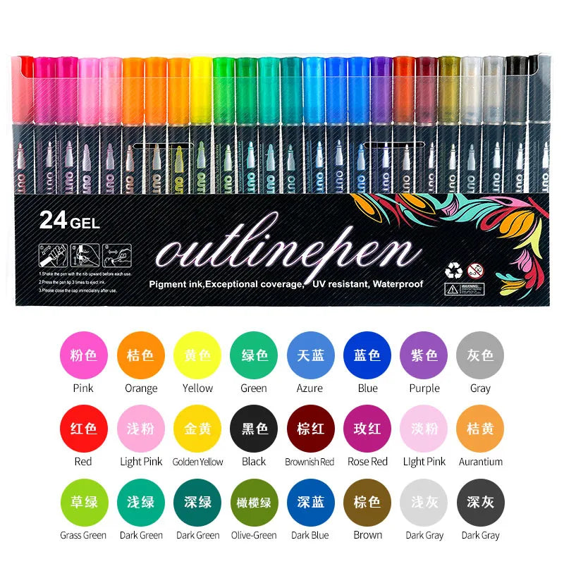 Double Line Outline Pen 24 Color Suit Dream Color Mark Fluorescent Marker