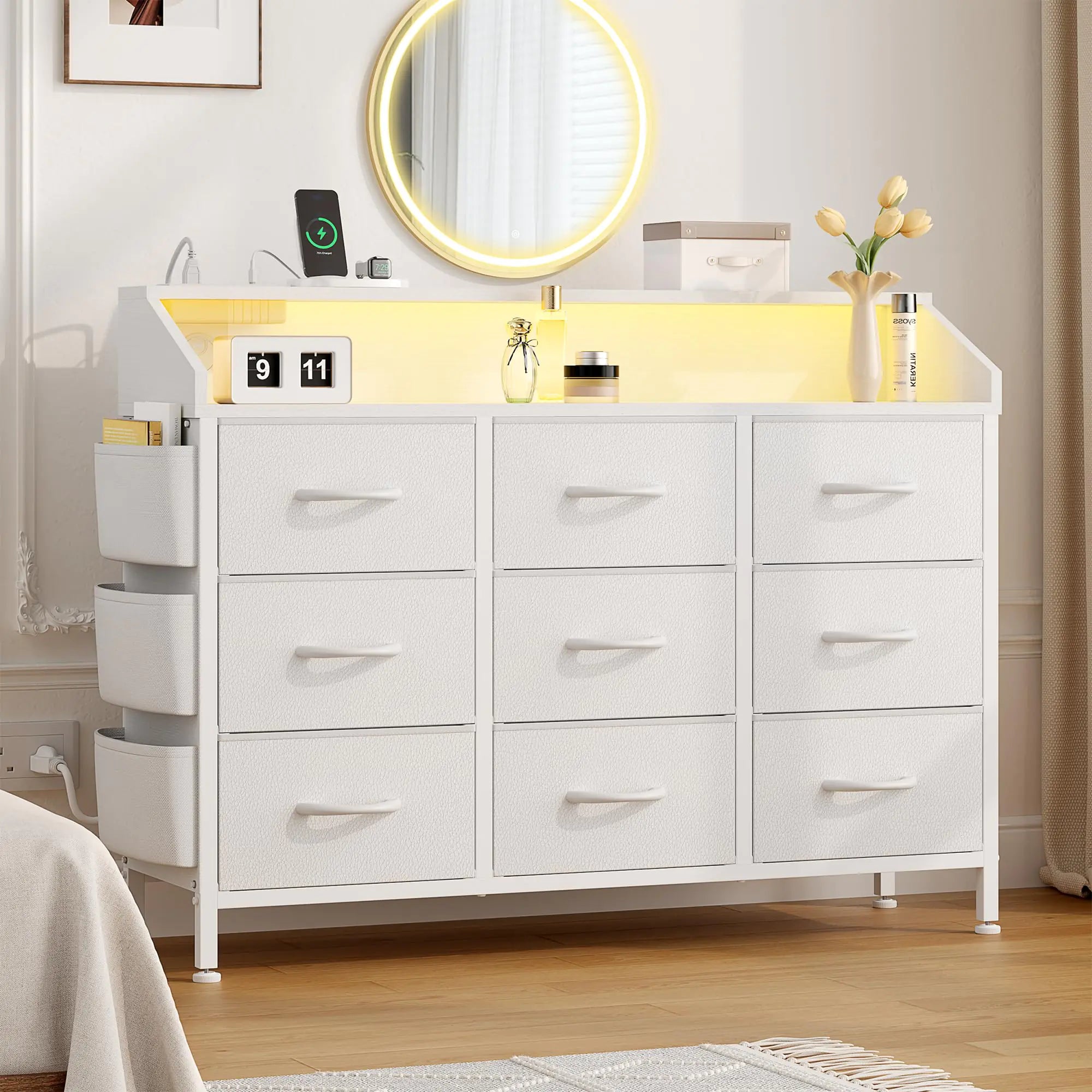 Lulive White Dresser for Bedroom 9 Drawers - Fabric Dressers for Bedroom with LED Light & Charging Station - Adults Chest of Drawers for Living Room Hallway Closet Nursery (White)