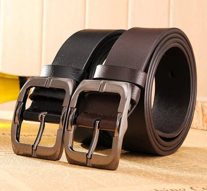 Black Leather Belt with Brown Buckle for Men