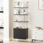 Ladder Bookshelf with Cabinet 71" Tall Wall Mounted Bookcase with Shelves & Storage Fluted Ladder Shelf with Metal Frame 5-Tier Display Rack for Living Room Home & Office Bedroom Black & Gold