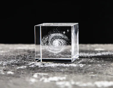 Crystal Cube with Inner Carving of Moon and Clouds